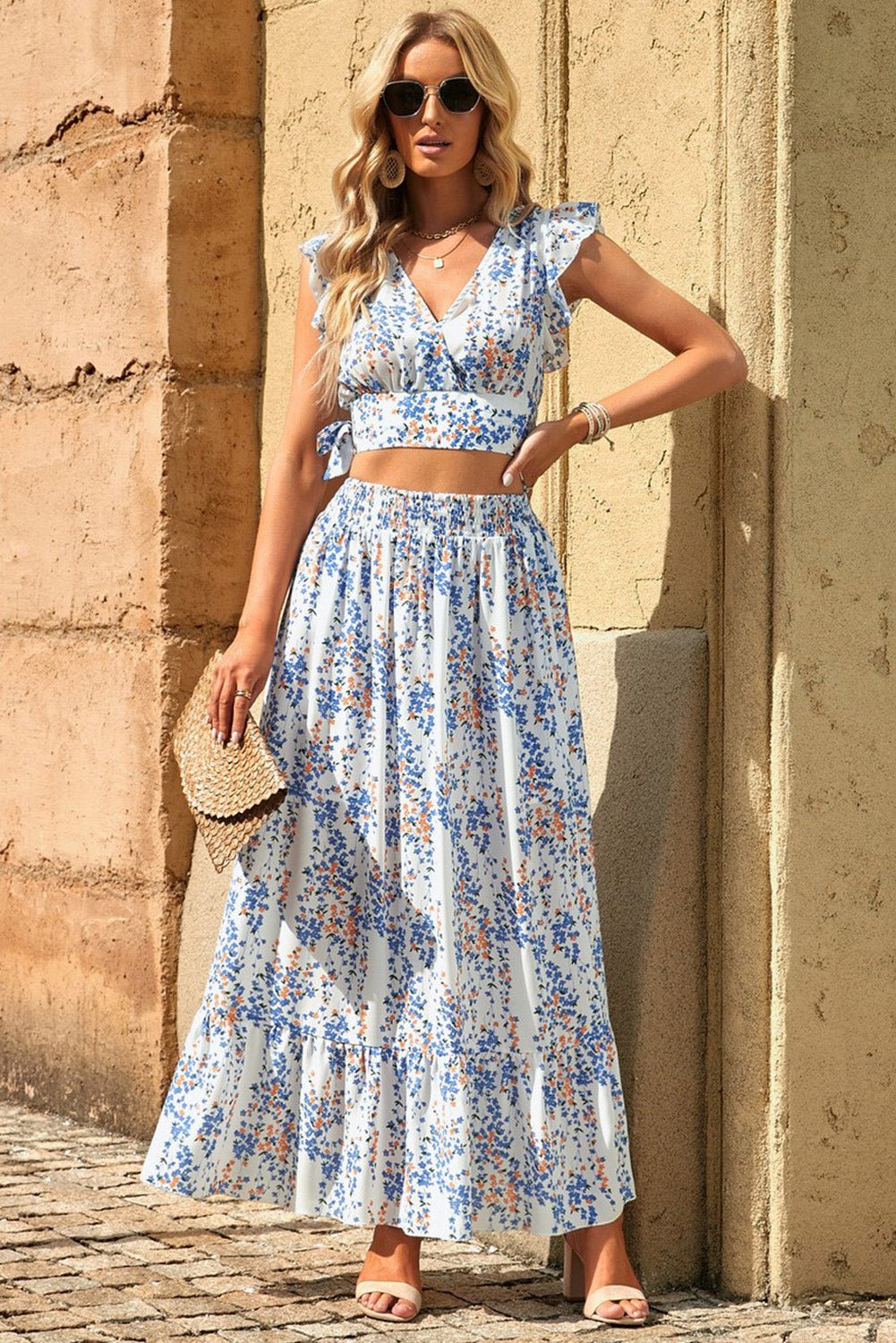 Printed Tie Back Cropped Top & Maxi Skirt Set - Bella Blue Styles