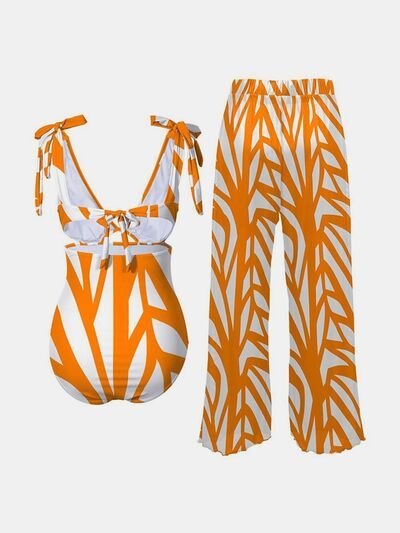 Printed Tie Shoulder Swimwear and Pants Swim Set - Bella Blue Styles