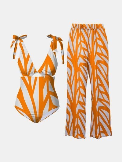 Printed Tie Shoulder Swimwear and Pants Swim Set - Bella Blue Styles