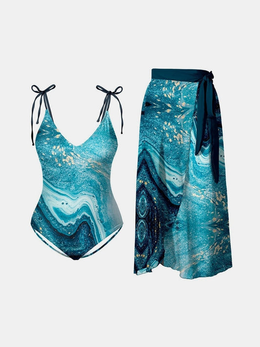 Printed Tie Shoulder Swimwear and Skirt Swim Set - Bella Blue Styles