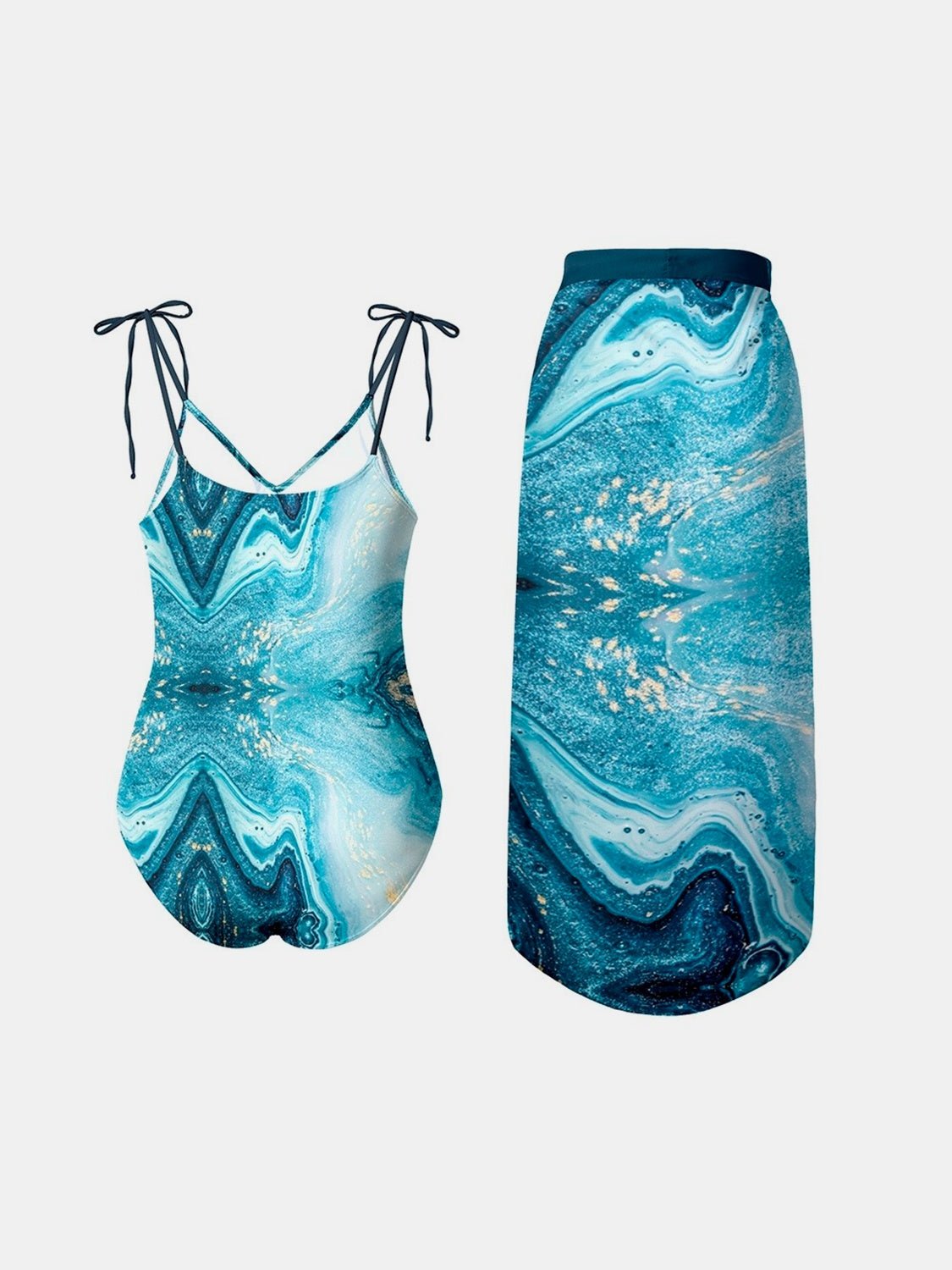 Printed Tie Shoulder Swimwear and Skirt Swim Set - Bella Blue Styles