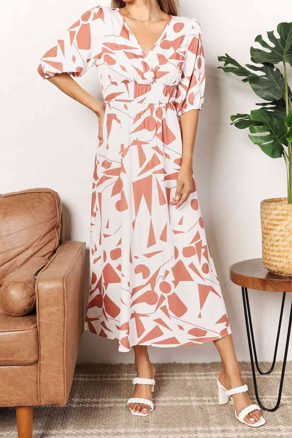 Quinn Printed Surplice Balloon Sleeve Midi Dress - Bella Blue Styles