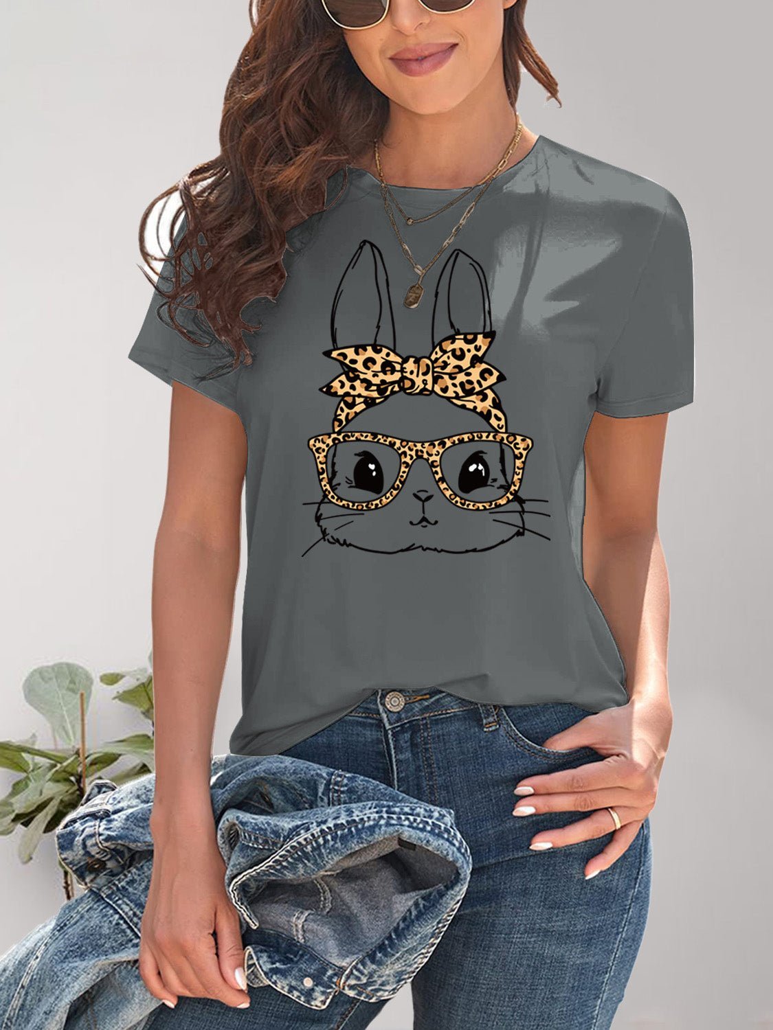 Rabbit Graphic Round Neck Short Sleeve T-Shirt - Bella Blue Styles