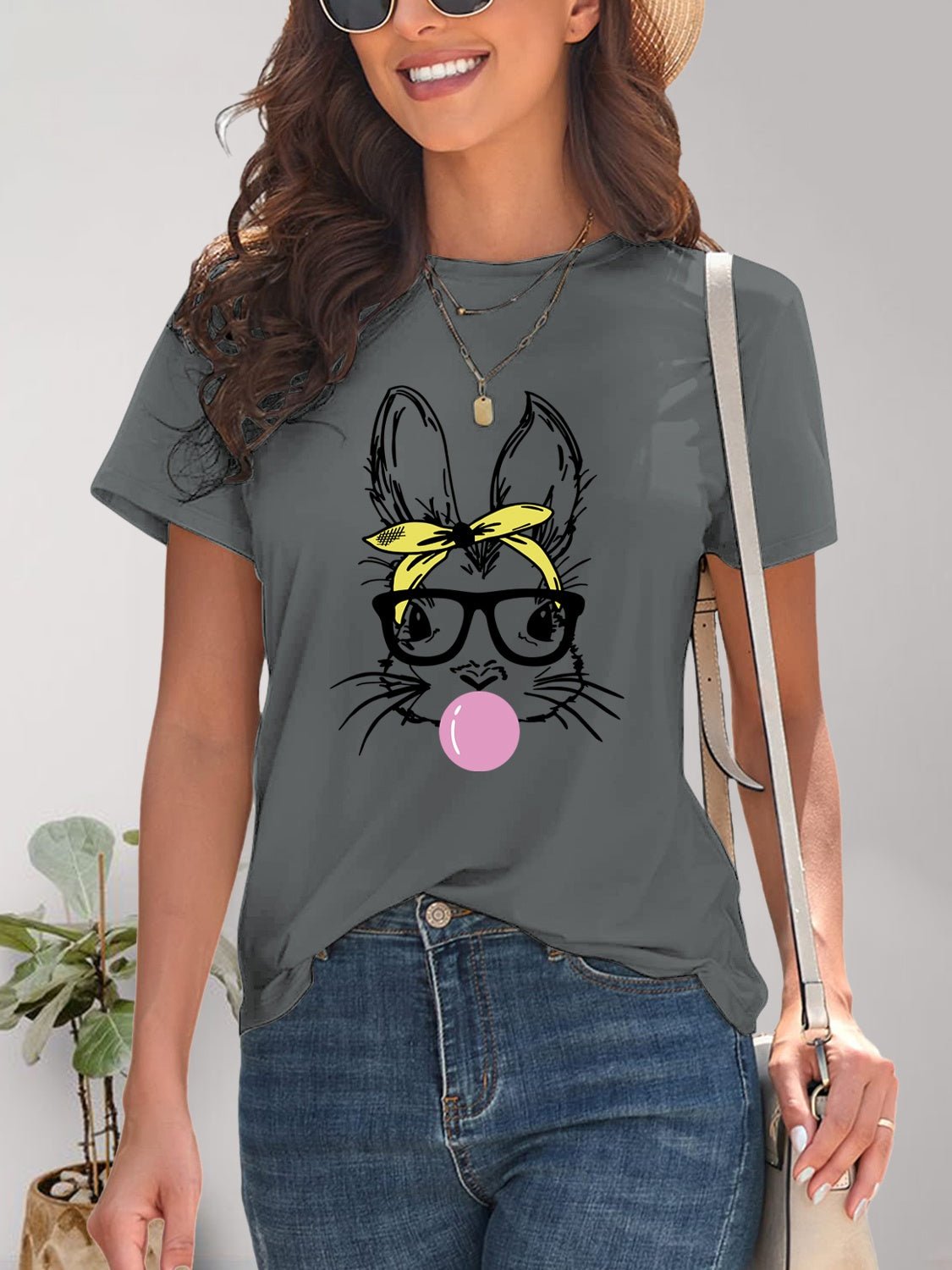 Rabbit Graphic Round Neck Short Sleeve T-Shirt - Bella Blue Styles