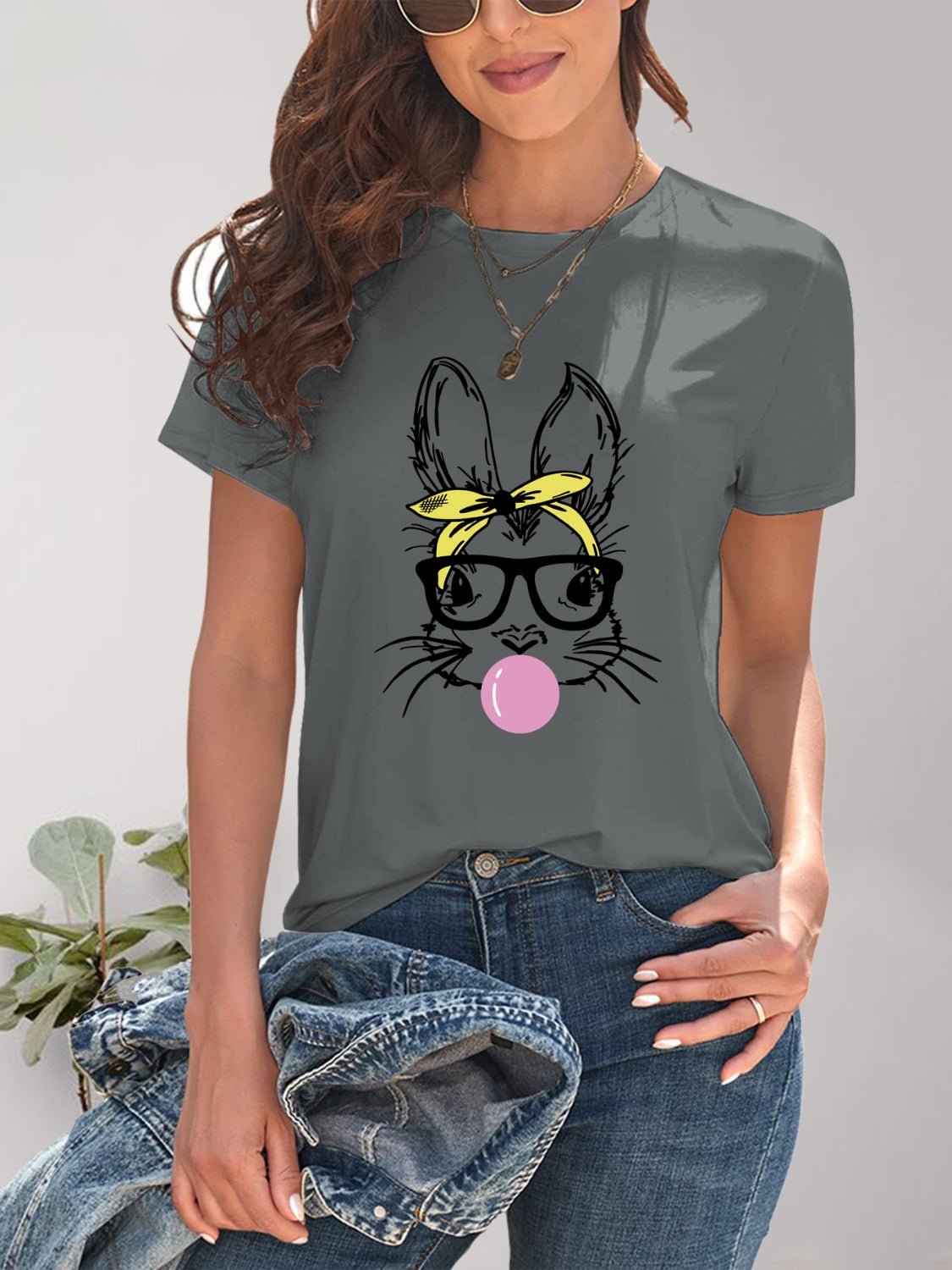 Rabbit Graphic Round Neck Short Sleeve T-Shirt - Bella Blue Styles