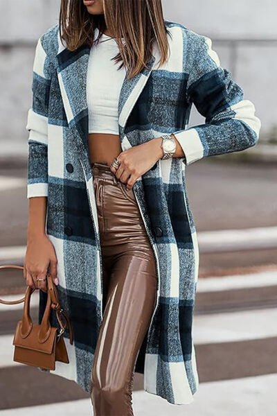 Raquelle Plaid Button Up Lapel Collar Coat - Bella Blue Styles