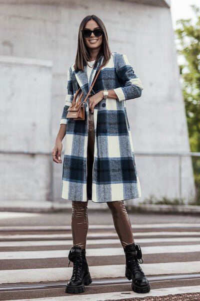 Raquelle Plaid Button Up Lapel Collar Coat - Bella Blue Styles