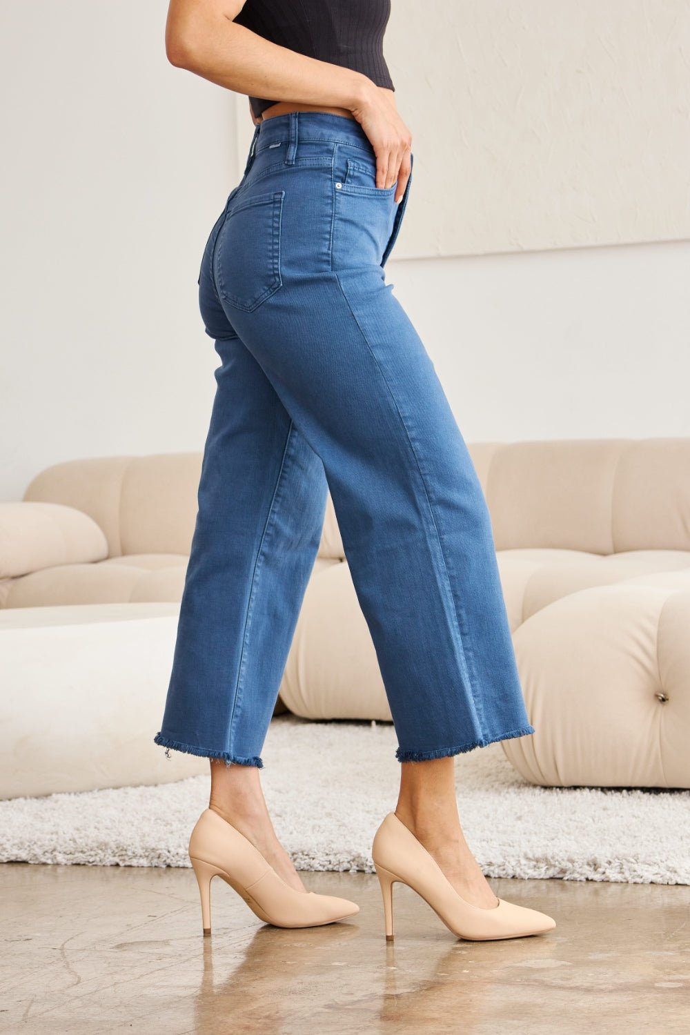 RFM Crop Chloe Full Size Tummy Control High Waist Raw Hem Jeans - Bella Blue Styles