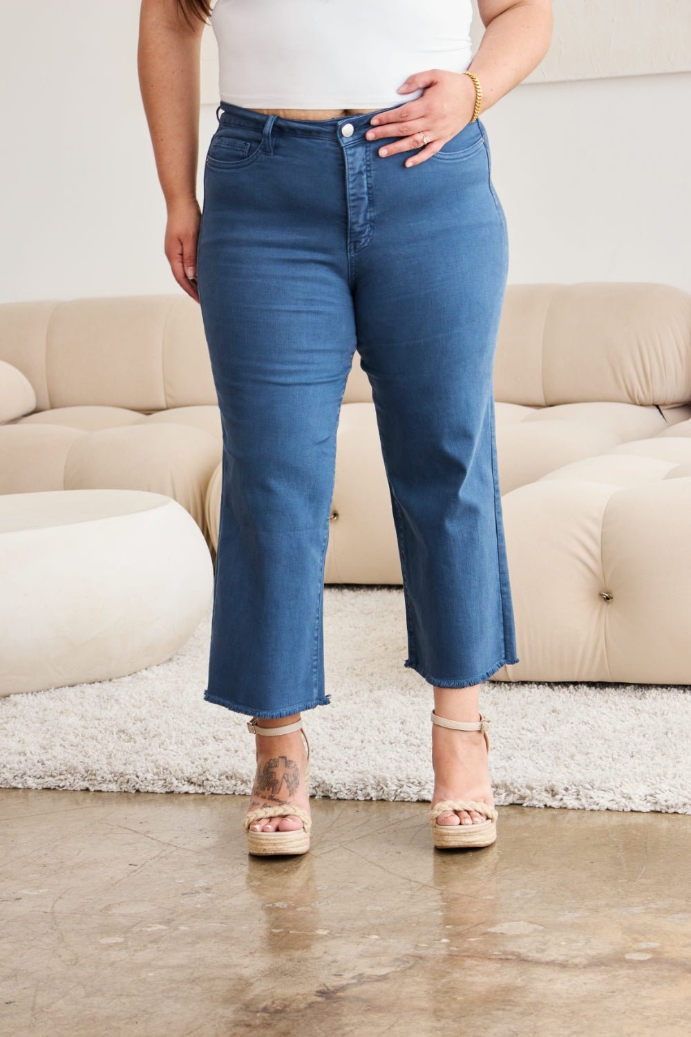 RFM Crop Chloe Full Size Tummy Control High Waist Raw Hem Jeans - Bella Blue Styles