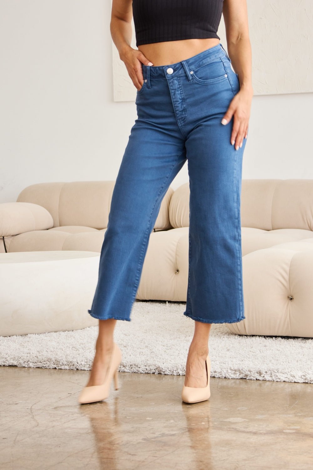 RFM Crop Chloe Full Size Tummy Control High Waist Raw Hem Jeans - Bella Blue Styles