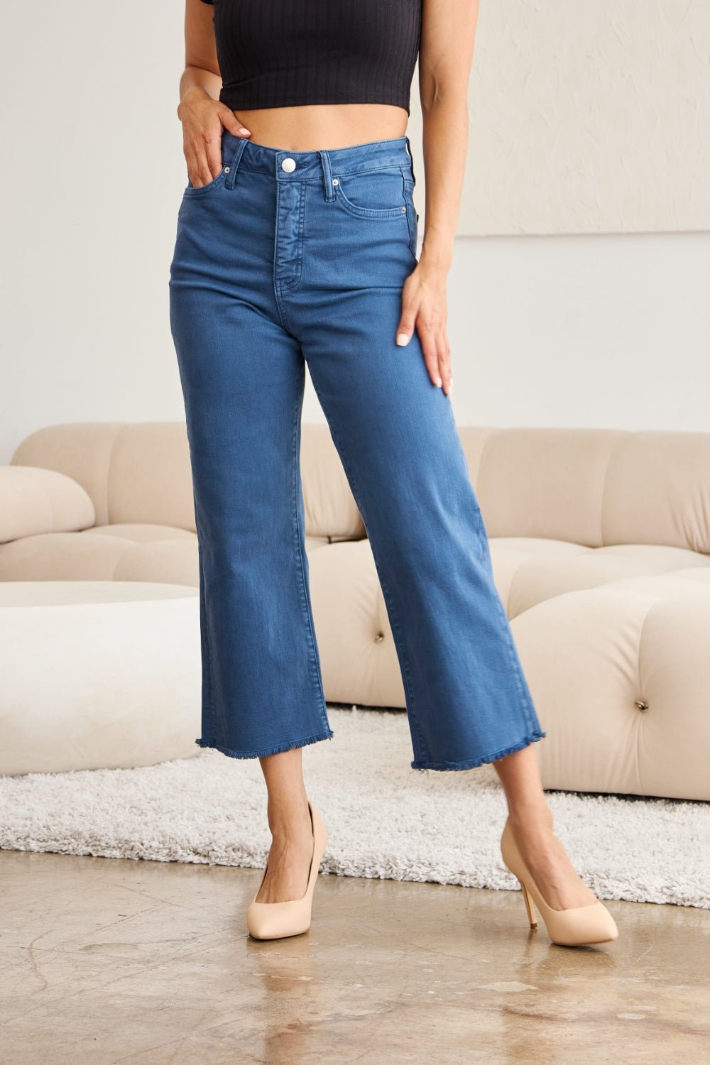 RFM Crop Chloe Full Size Tummy Control High Waist Raw Hem Jeans - Bella Blue Styles