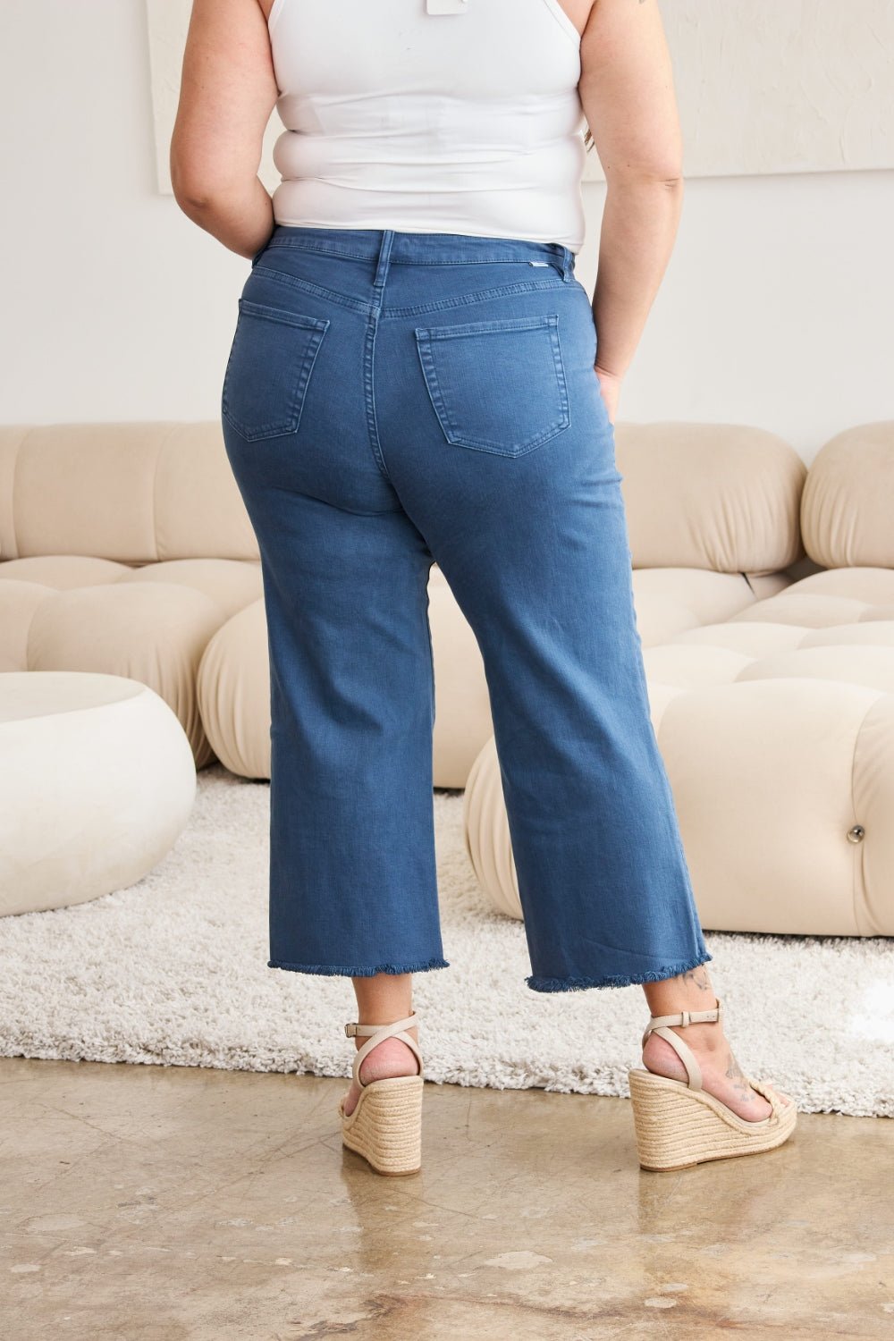 RFM Crop Chloe Full Size Tummy Control High Waist Raw Hem Jeans - Bella Blue Styles