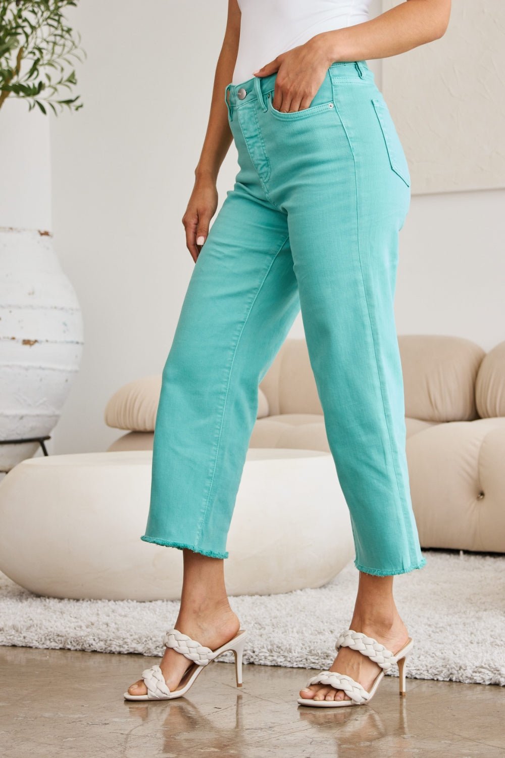 RFM Crop Chloe Tummy Control High Waist Raw Hem Jeans Island Green - Bella Blue Styles