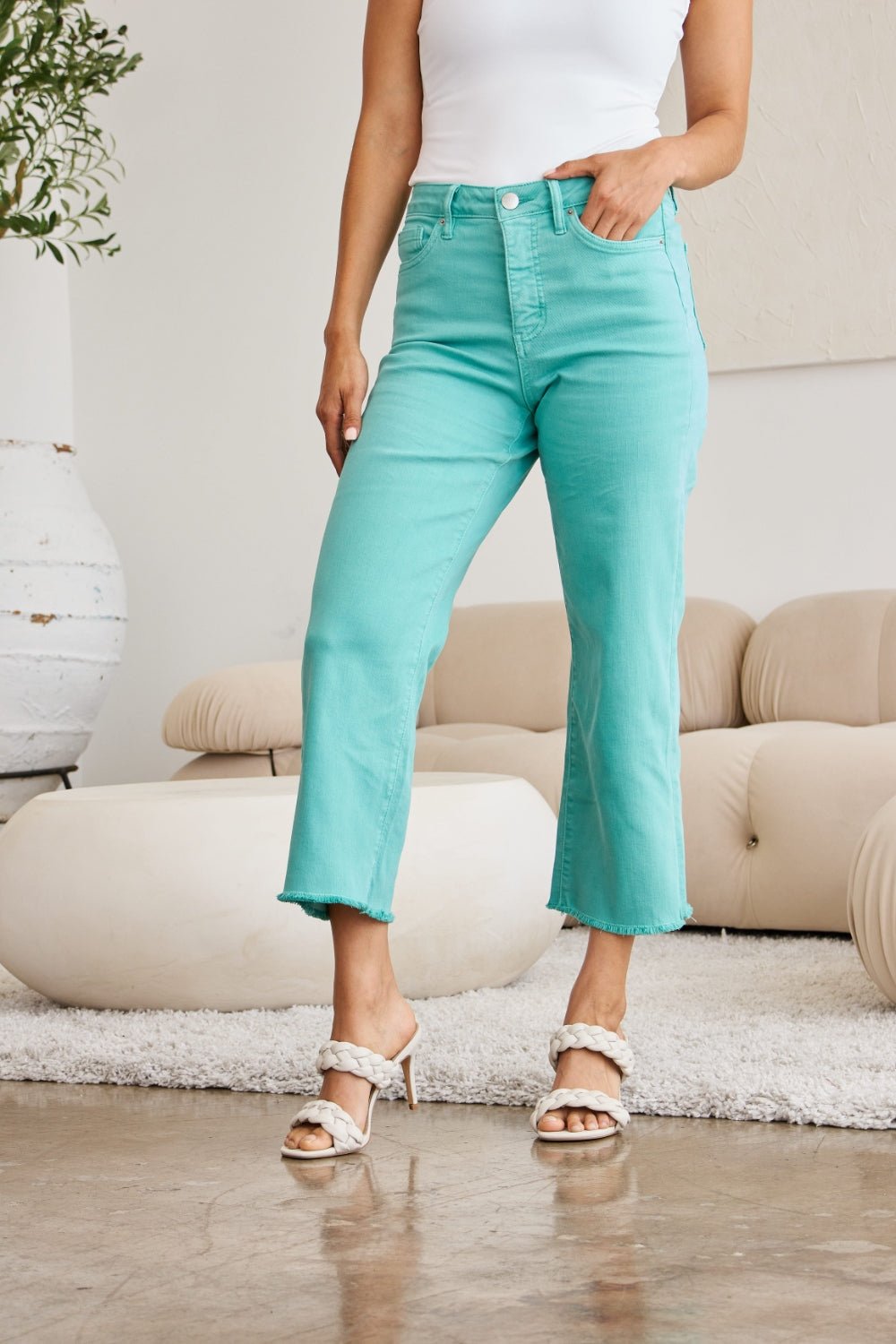 RFM Crop Chloe Tummy Control High Waist Raw Hem Jeans Island Green - Bella Blue Styles