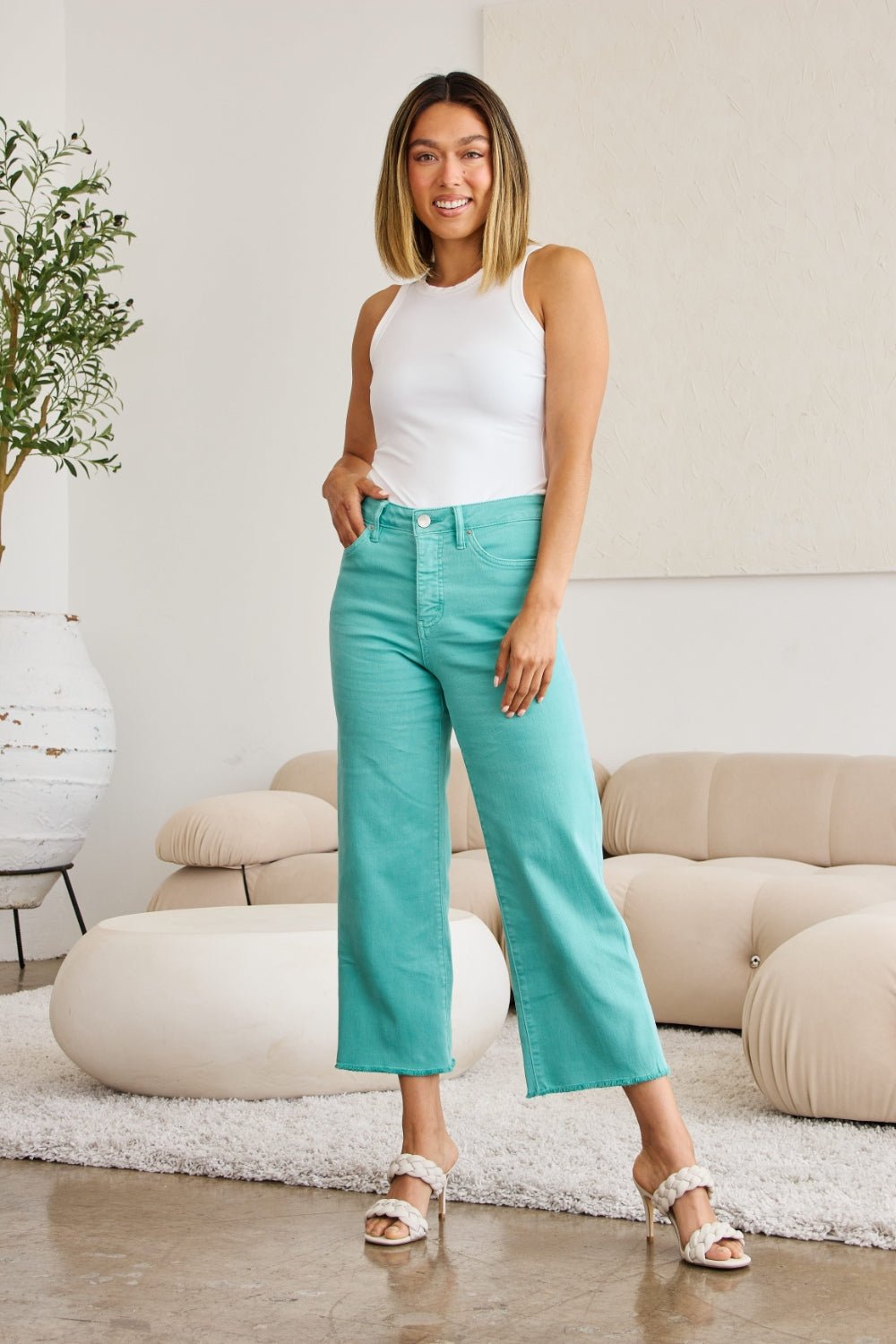 RFM Crop Chloe Tummy Control High Waist Raw Hem Jeans Island Green - Bella Blue Styles