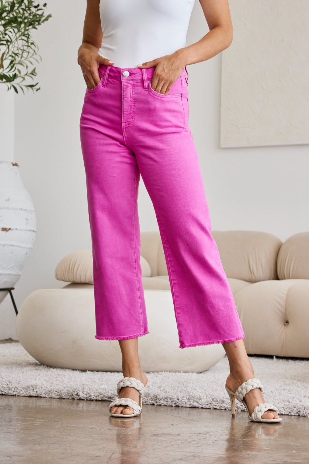 RFM Crop Chloe Tummy Control High Waist Raw Hem Jeans Pink Rouge - Bella Blue Styles