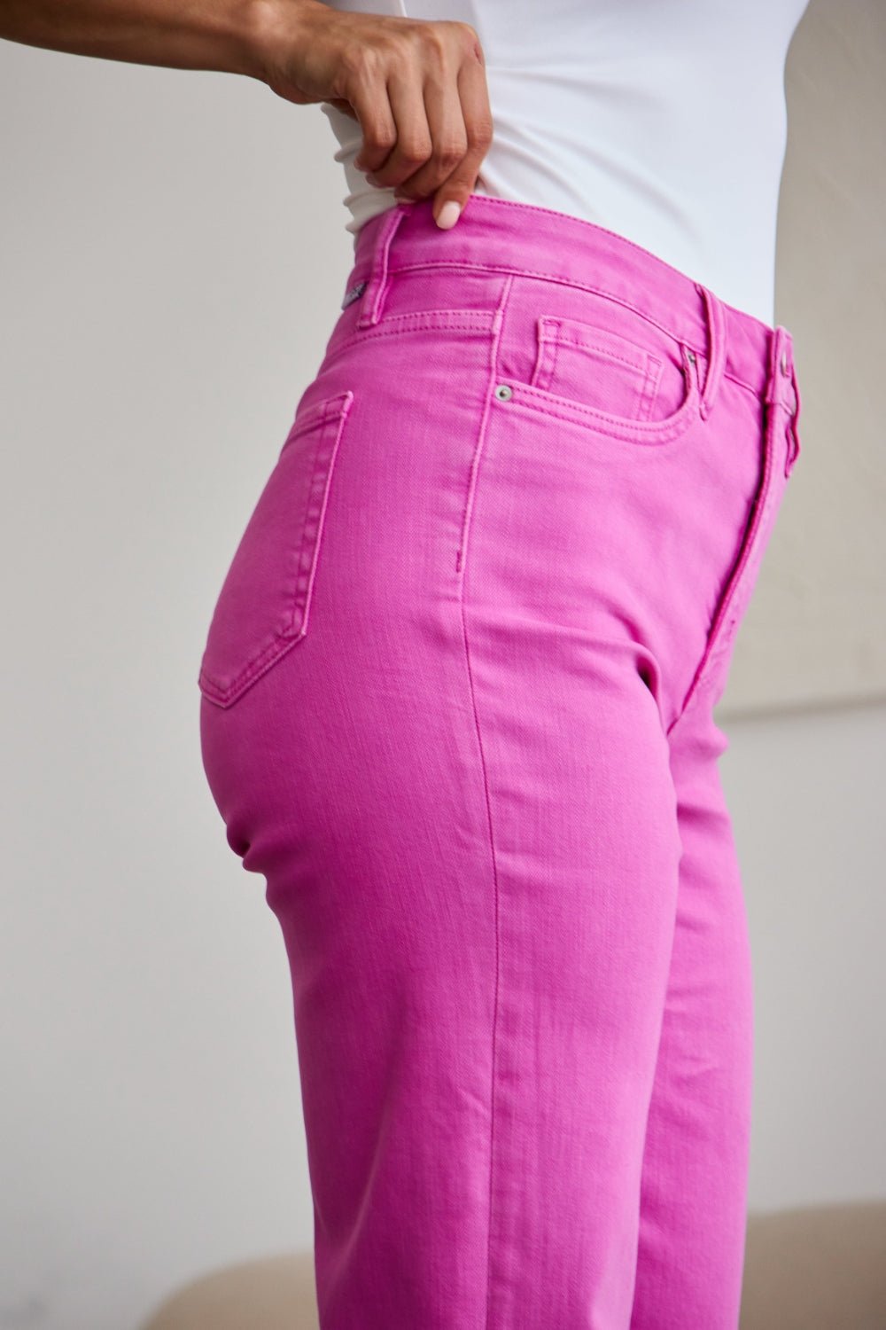 RFM Crop Chloe Tummy Control High Waist Raw Hem Jeans Pink Rouge - Bella Blue Styles