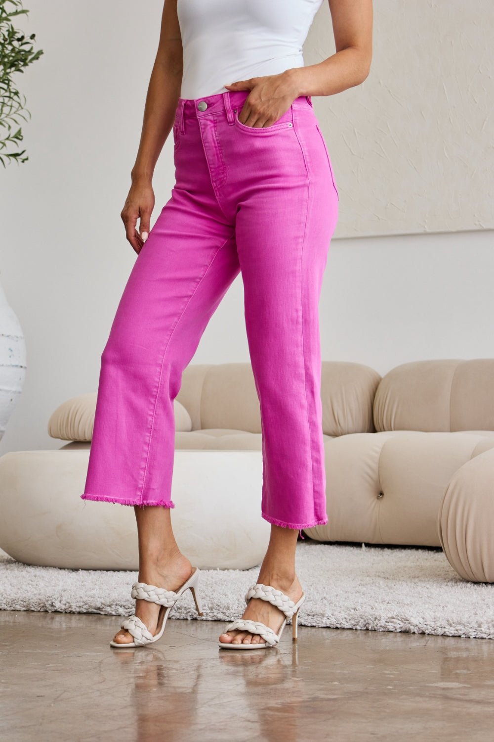 RFM Crop Chloe Tummy Control High Waist Raw Hem Jeans Pink Rouge - Bella Blue Styles