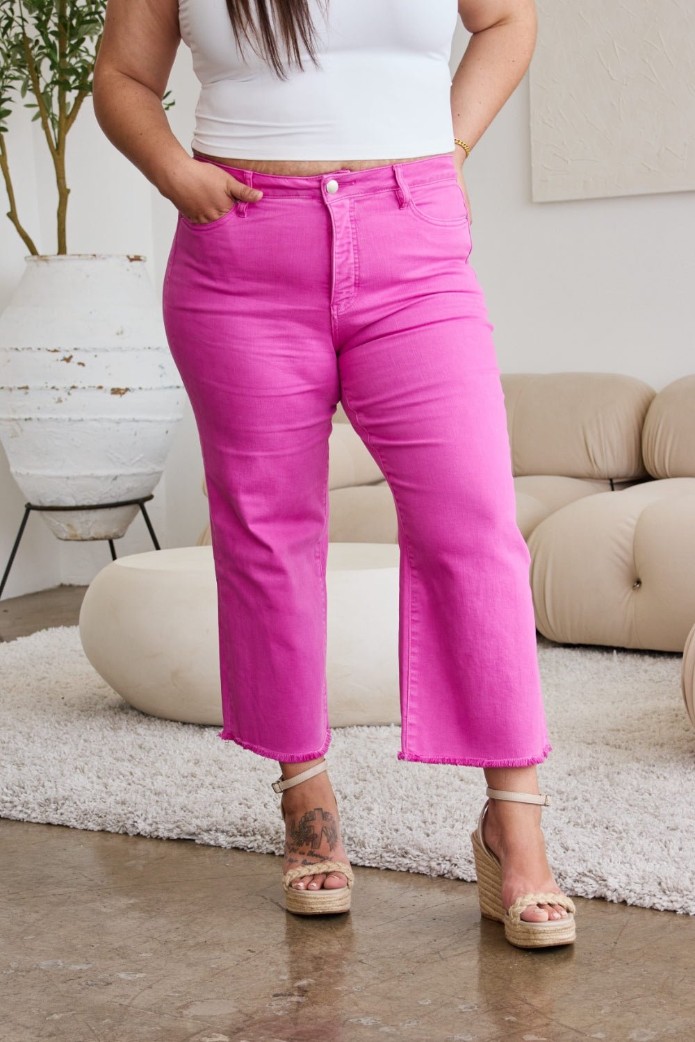 RFM Crop Chloe Tummy Control High Waist Raw Hem Jeans Pink Rouge - Bella Blue Styles