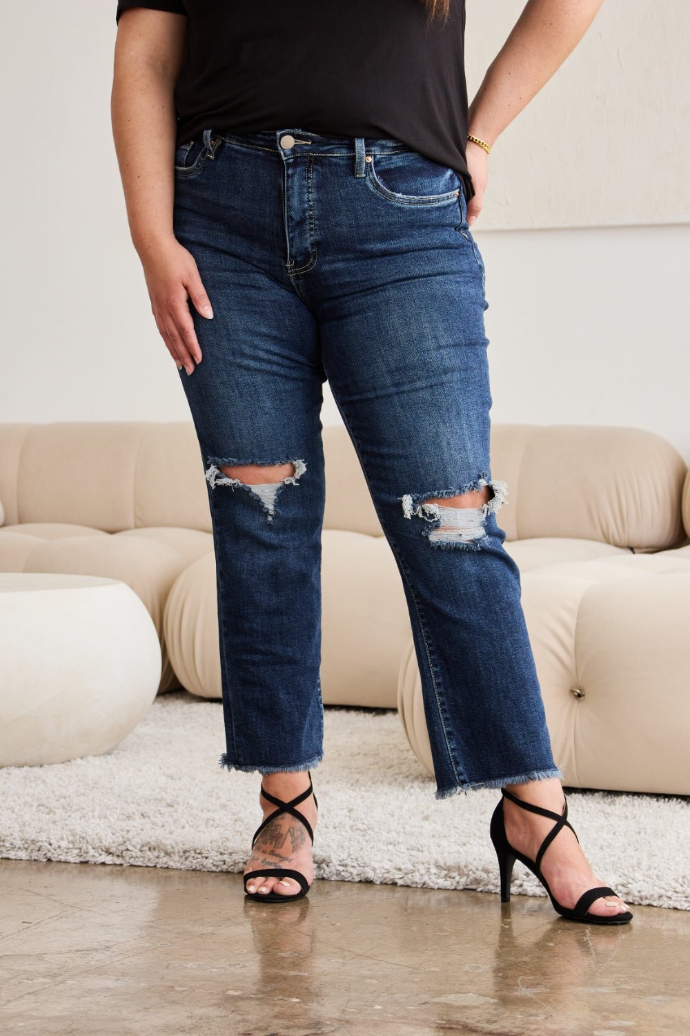 RFM Crop Dylan Full Size Tummy Control Distressed High Waist Raw Hem Jeans - Bella Blue Styles