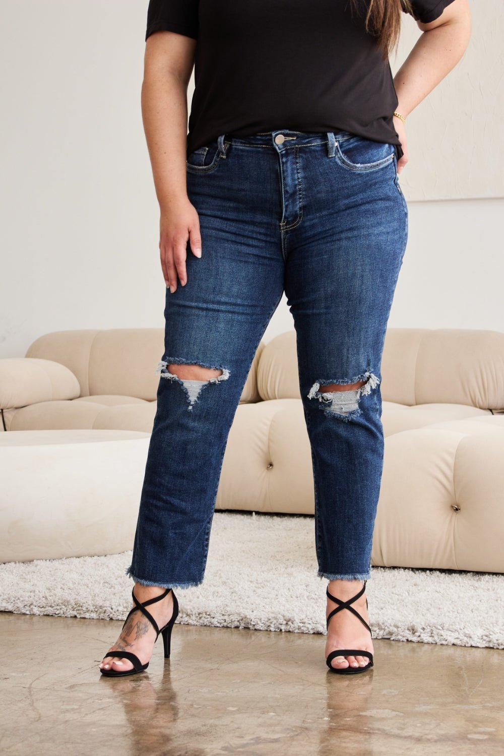 RFM Crop Dylan Full Size Tummy Control Distressed High Waist Raw Hem Jeans - Bella Blue Styles