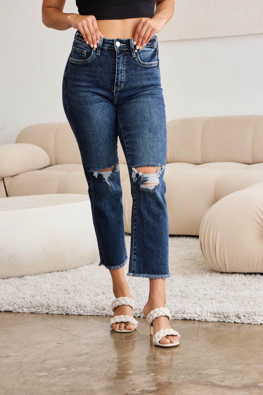 RFM Crop Dylan Full Size Tummy Control Distressed High Waist Raw Hem Jeans - Bella Blue Styles