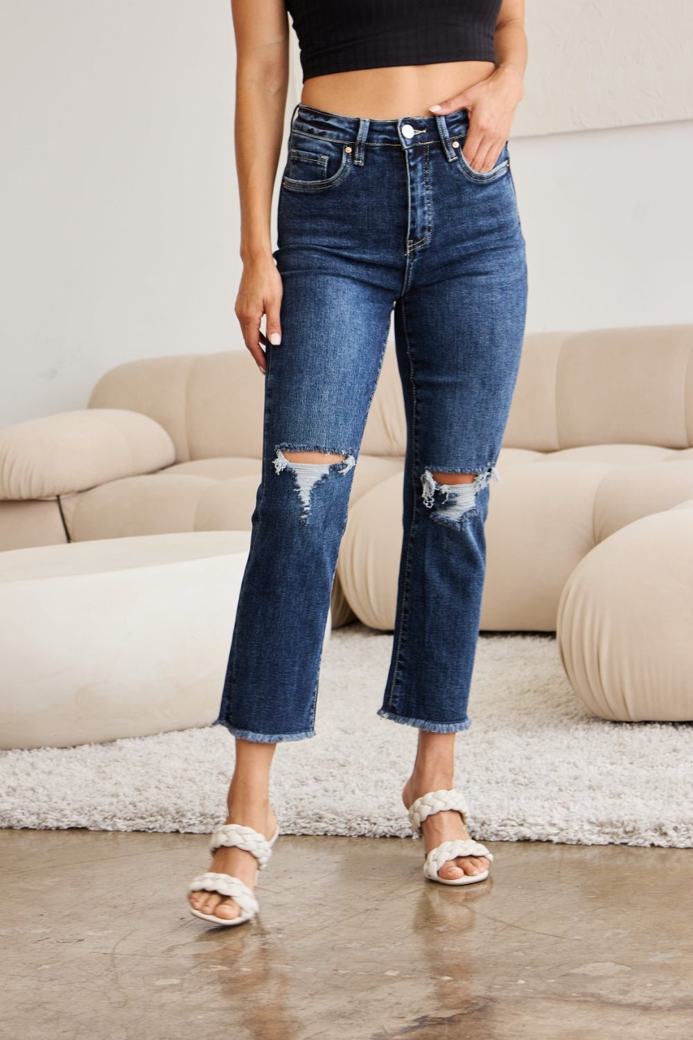 RFM Crop Dylan Full Size Tummy Control Distressed High Waist Raw Hem Jeans - Bella Blue Styles