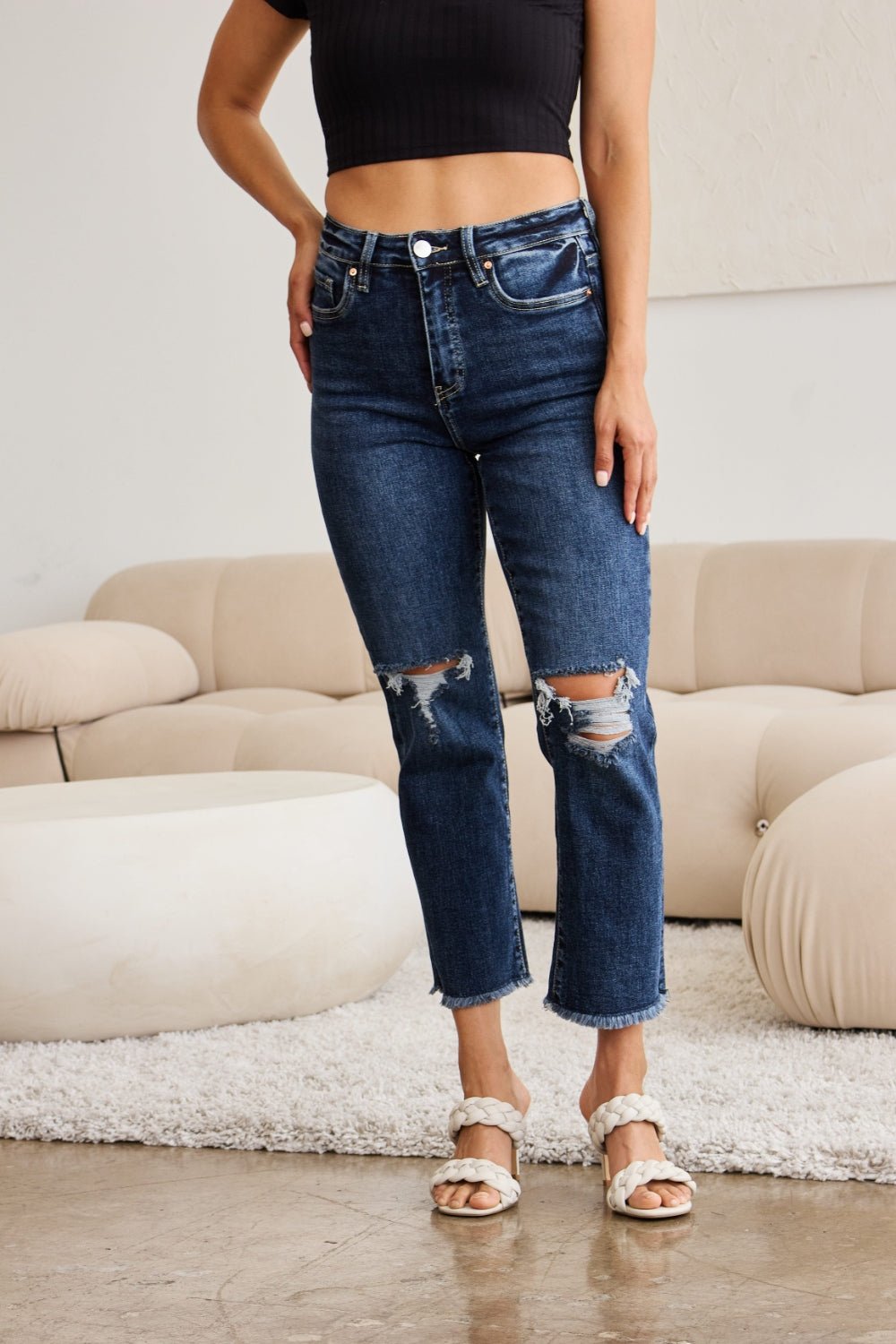 RFM Crop Dylan Full Size Tummy Control Distressed High Waist Raw Hem Jeans - Bella Blue Styles