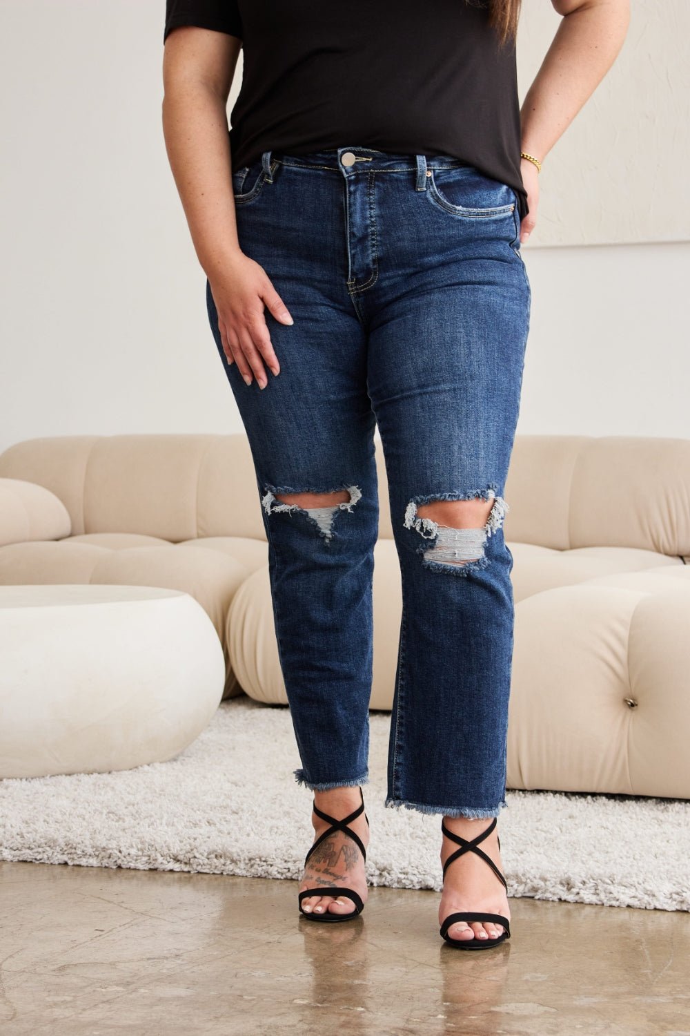 RFM Crop Dylan Full Size Tummy Control Distressed High Waist Raw Hem Jeans - Bella Blue Styles