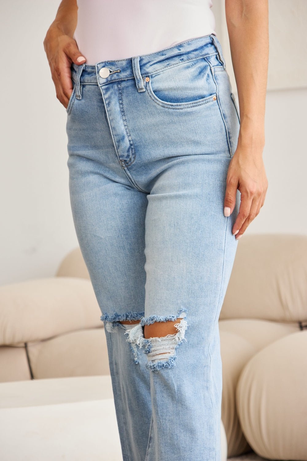 RFM Full Size Tummy Control High Waist Raw Hem Distressed Jeans - Bella Blue Styles