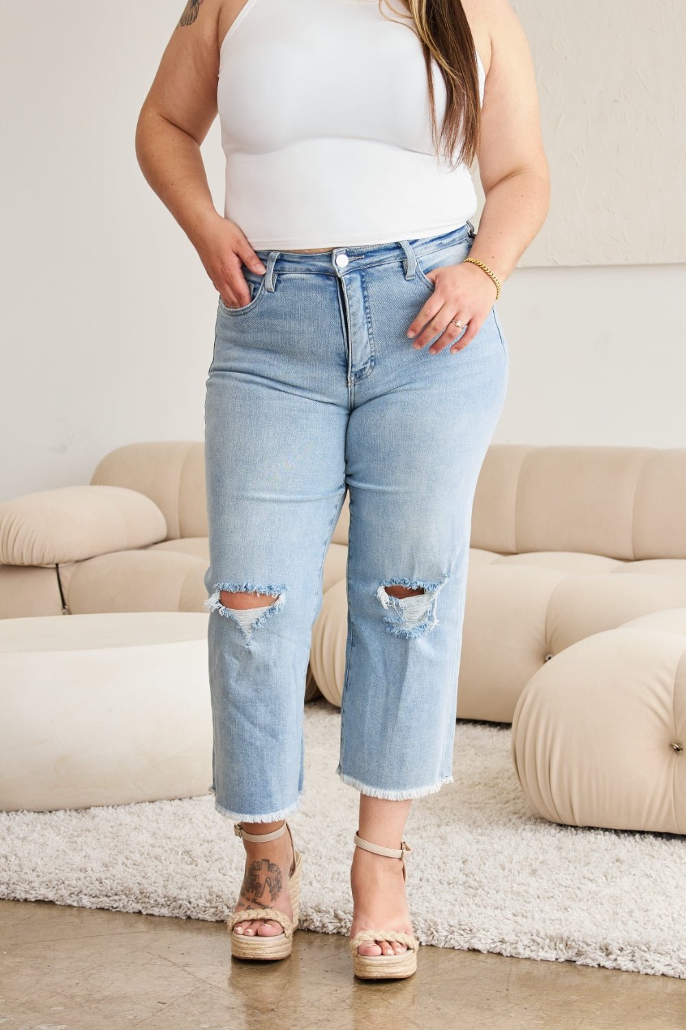 RFM Full Size Tummy Control High Waist Raw Hem Distressed Jeans - Bella Blue Styles