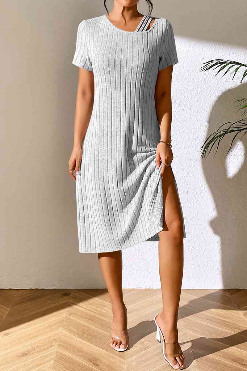 Ribbed Asymmetrical Neck Midi Dress - Bella Blue Styles