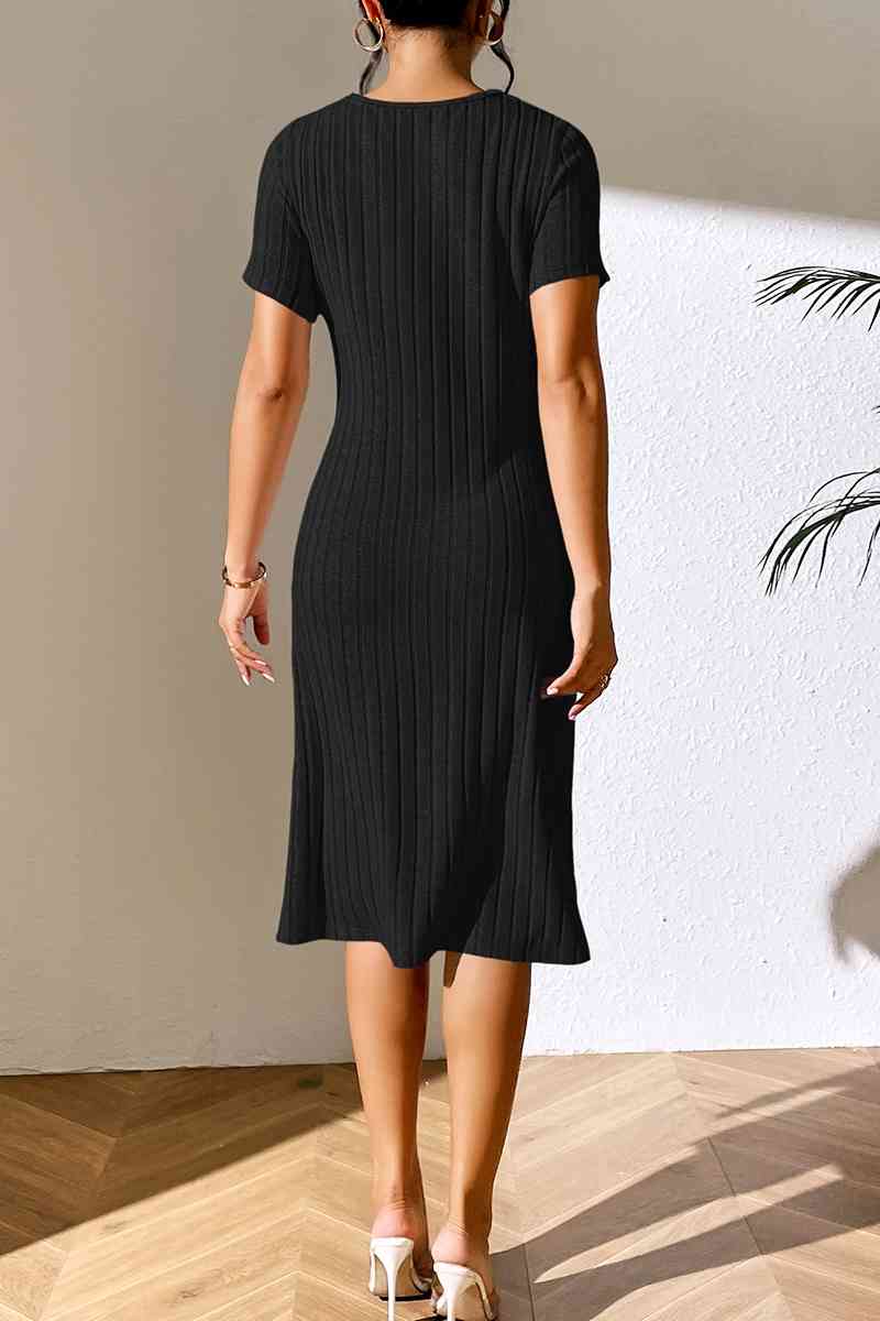 Ribbed Asymmetrical Neck Midi Dress - Bella Blue Styles