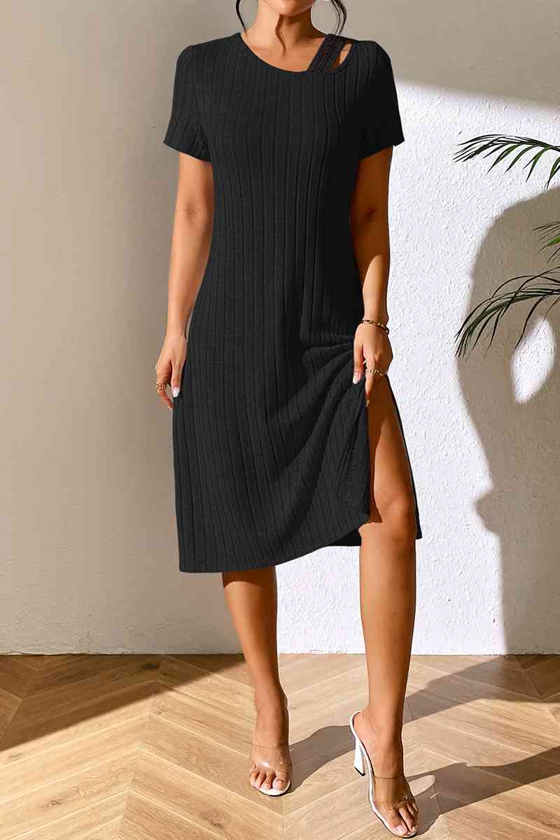 Ribbed Asymmetrical Neck Midi Dress - Bella Blue Styles