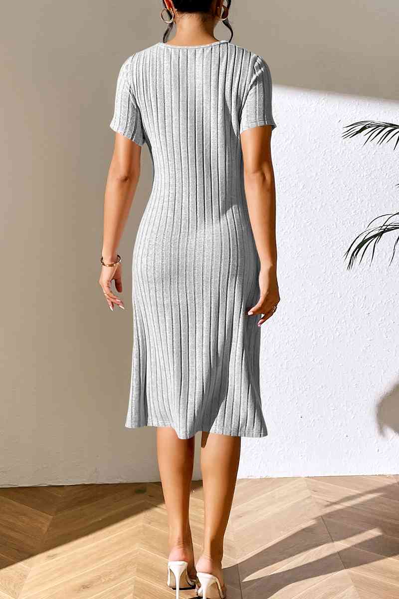 Ribbed Asymmetrical Neck Midi Dress - Bella Blue Styles