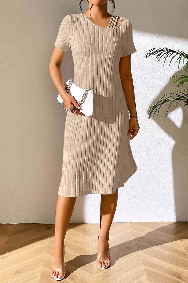 Ribbed Asymmetrical Neck Midi Dress - Bella Blue Styles