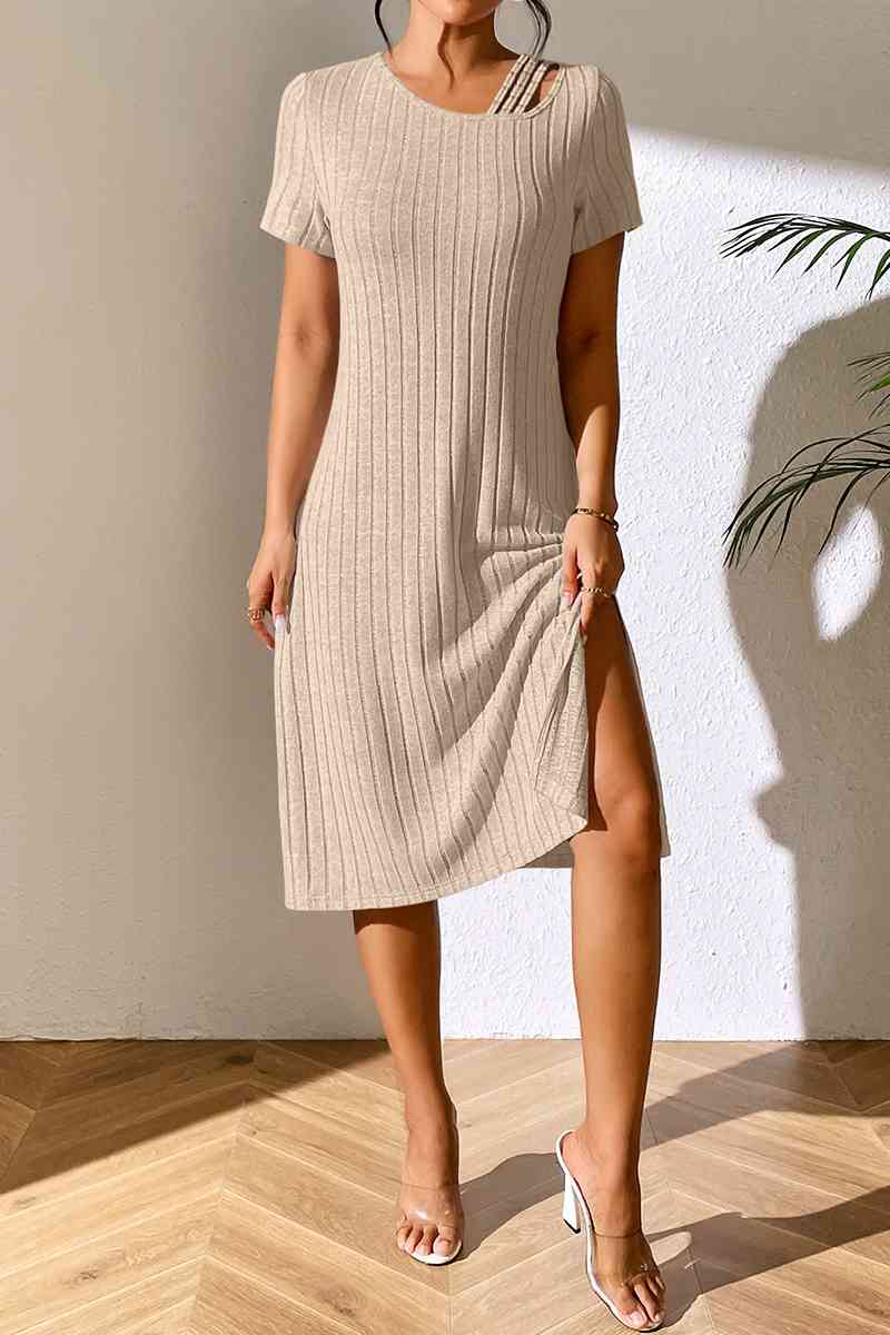 Ribbed Asymmetrical Neck Midi Dress - Bella Blue Styles