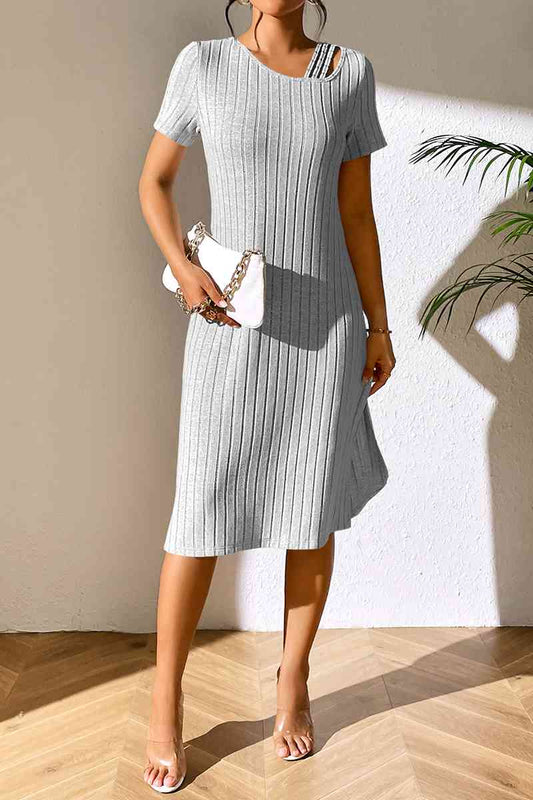 Ribbed Asymmetrical Neck Midi Dress - Bella Blue Styles