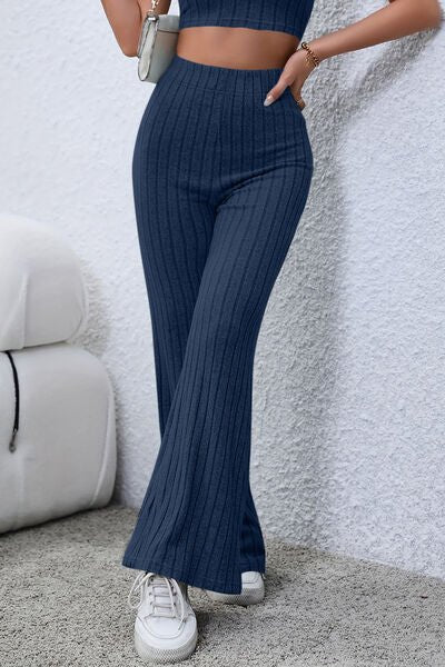 Ribbed High Waist Flare Pants - Bella Blue Styles