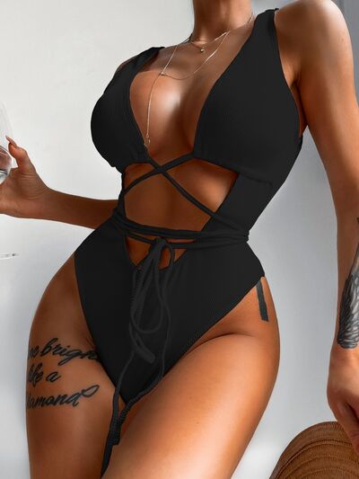 Ribbed Lace Up One-Piece Swimsuit - Bella Blue Styles