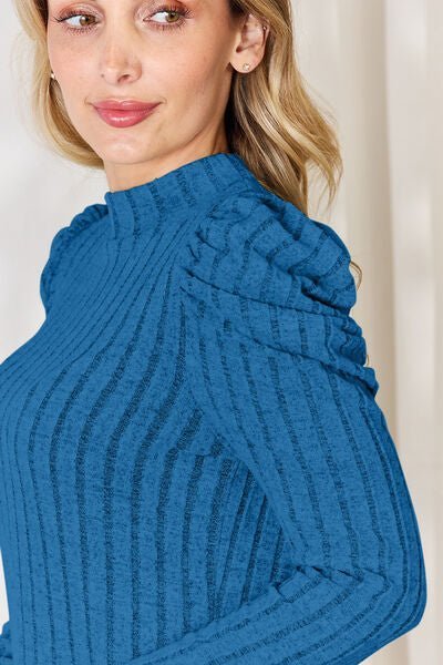 Ribbed Mock Neck Puff Sleeve Shirt - Bella Blue Styles