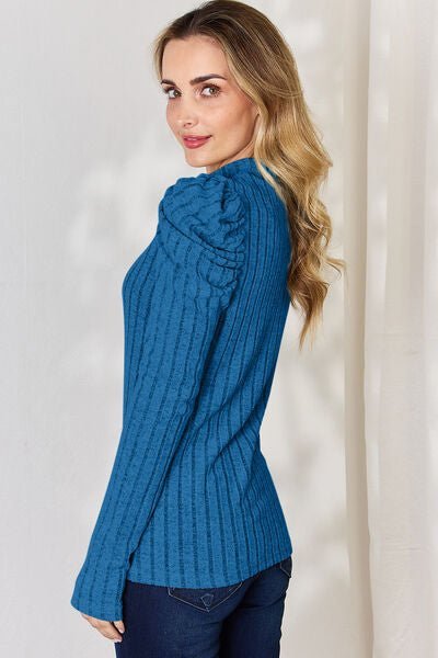 Ribbed Mock Neck Puff Sleeve Shirt - Bella Blue Styles