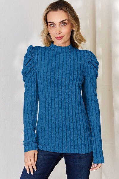 Ribbed Mock Neck Puff Sleeve Shirt - Bella Blue Styles