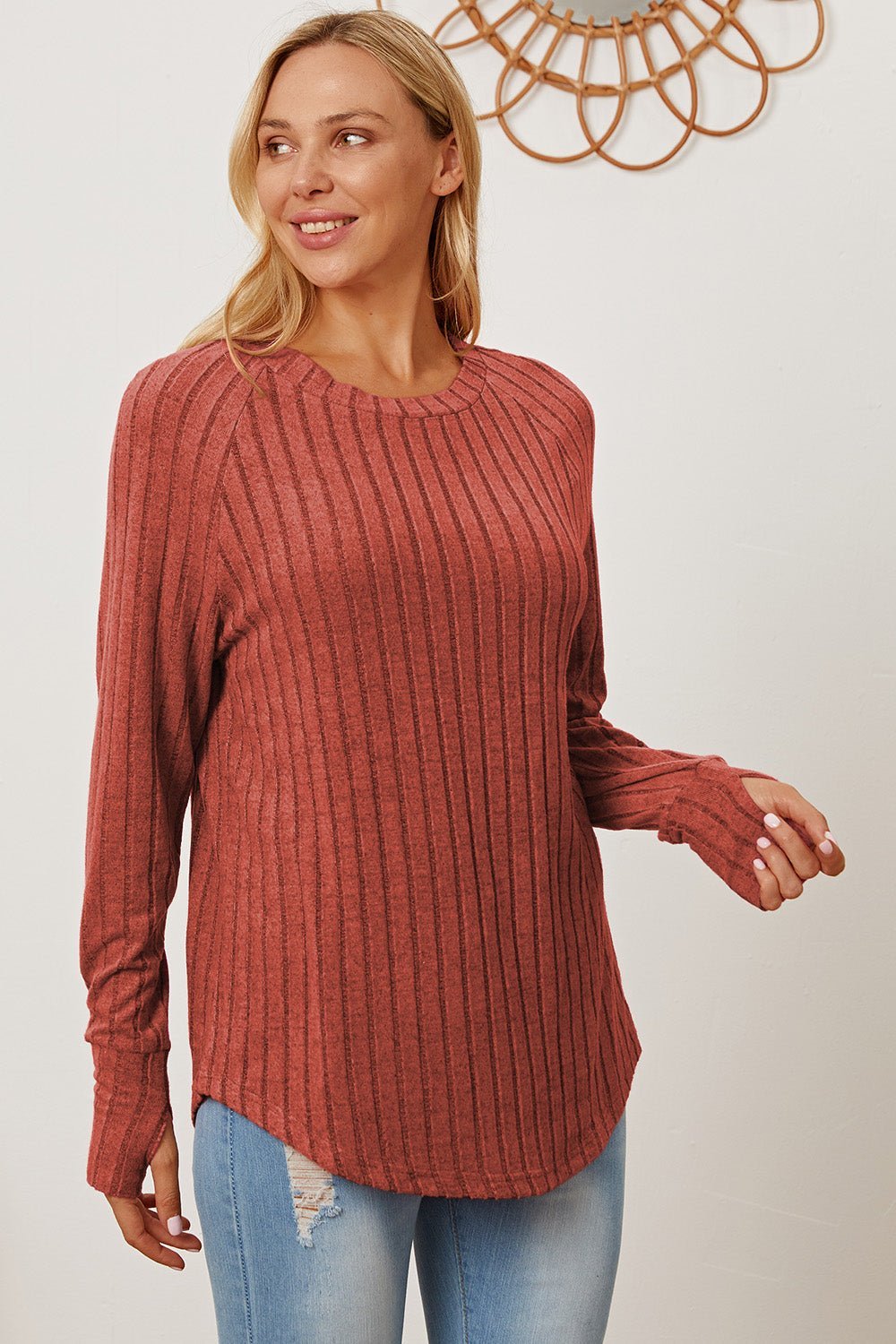 Ribbed Thumbhole Sleeve Shirt - Bella Blue Styles