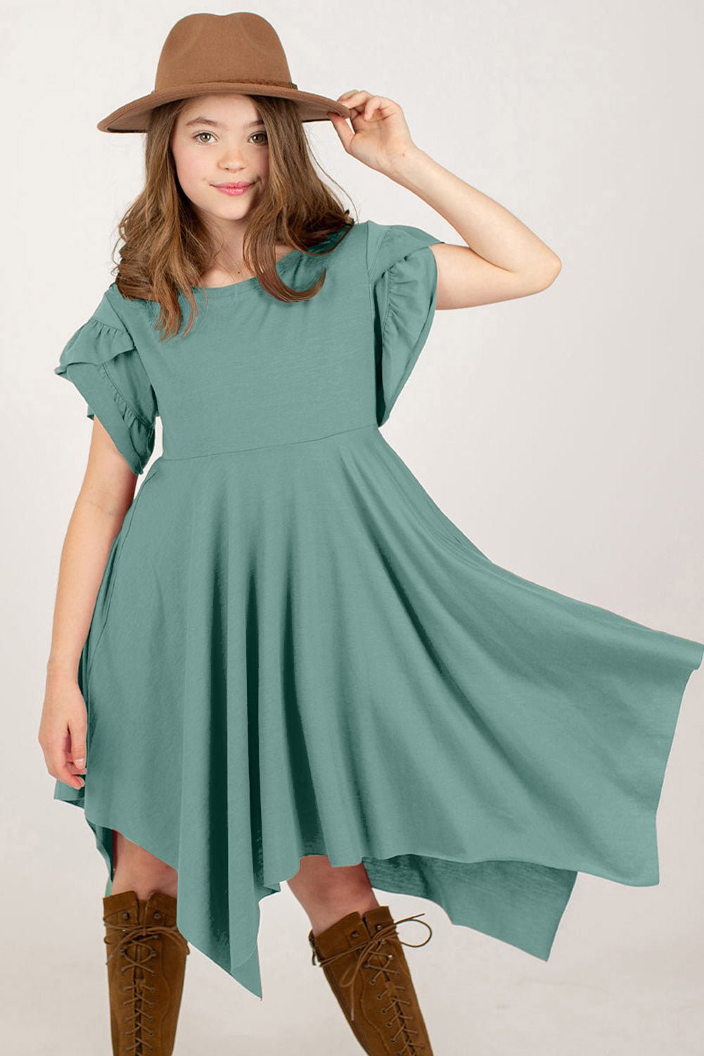 Round Neck Petal Sleeve Dress - Bella Blue Styles