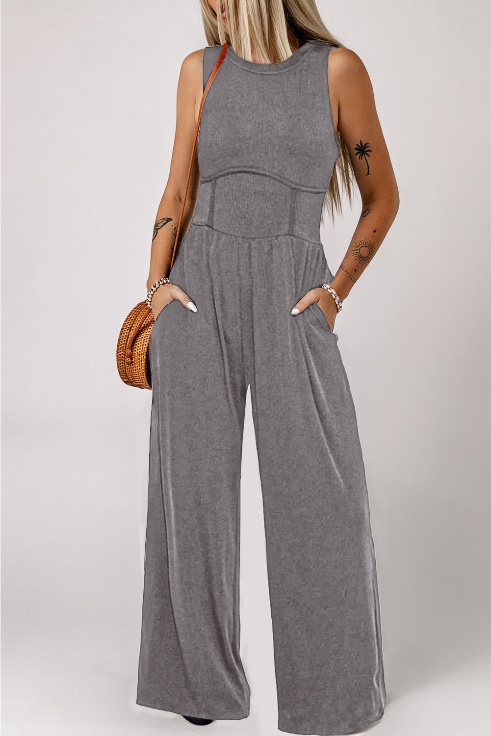 Round Neck Sleeveless Jumpsuit with Pockets - Bella Blue Styles