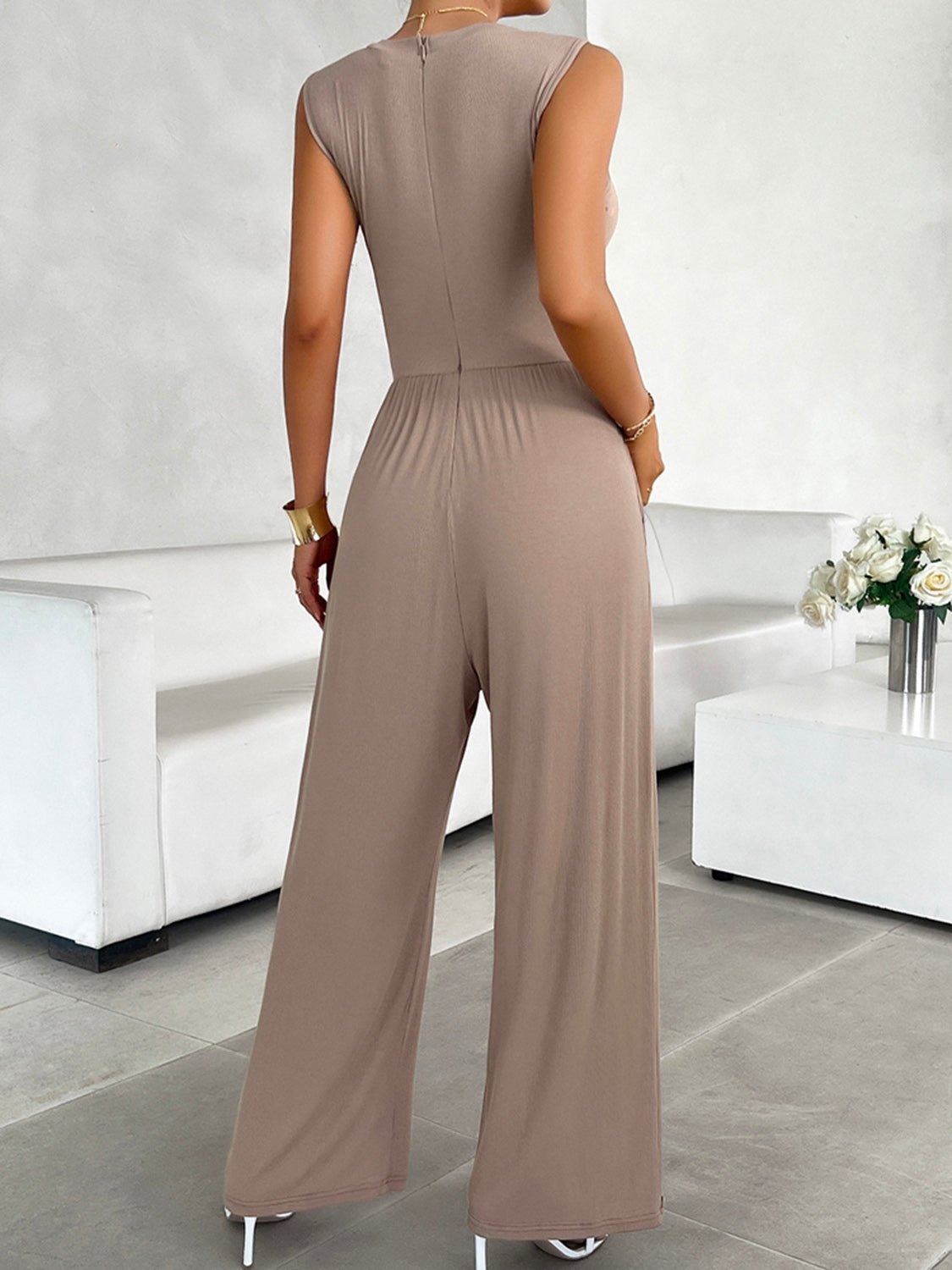 Round Neck Sleeveless Wide Leg Jumpsuit - Bella Blue Styles