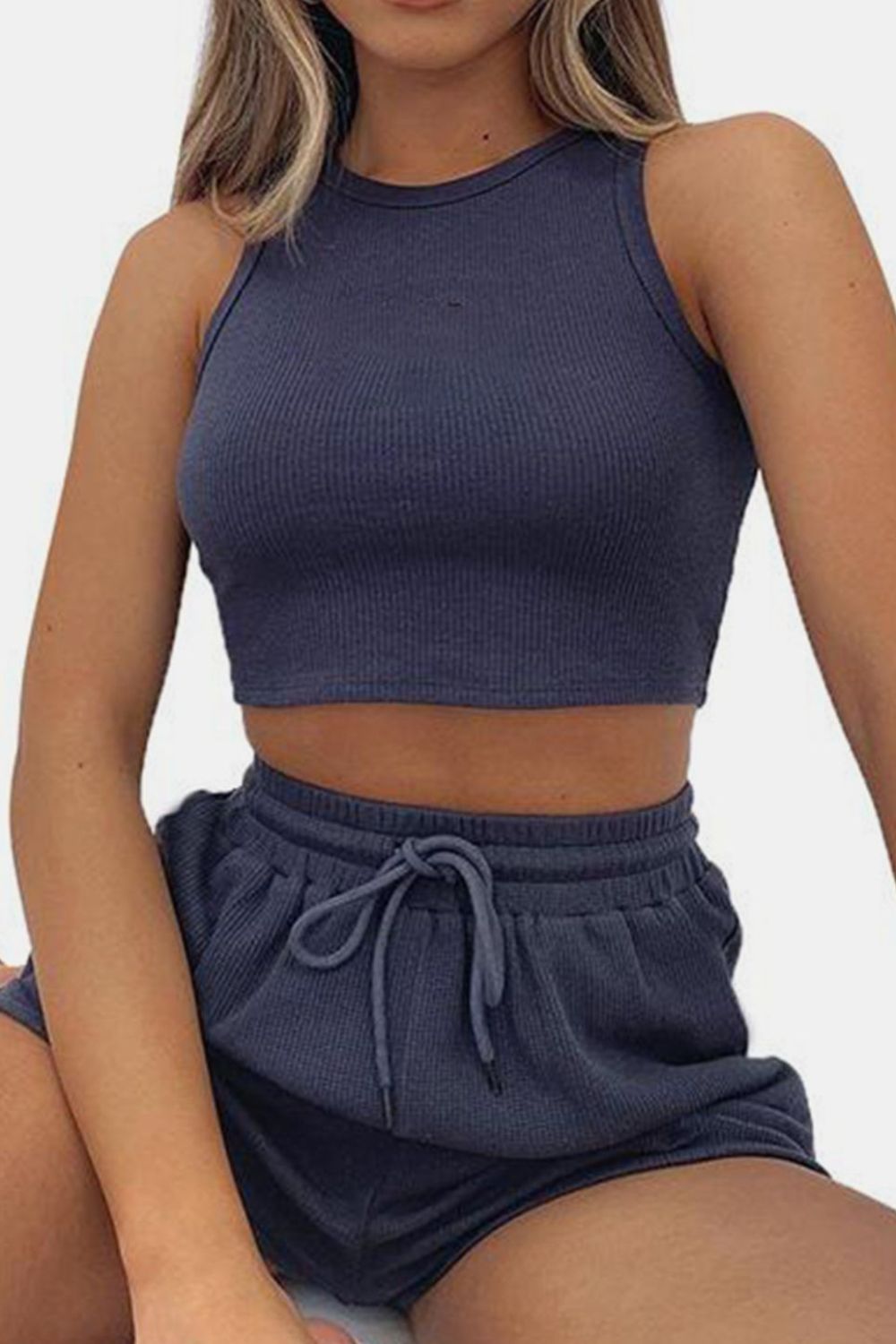 Round Neck Top and Drawstring Shorts Set - Bella Blue Styles