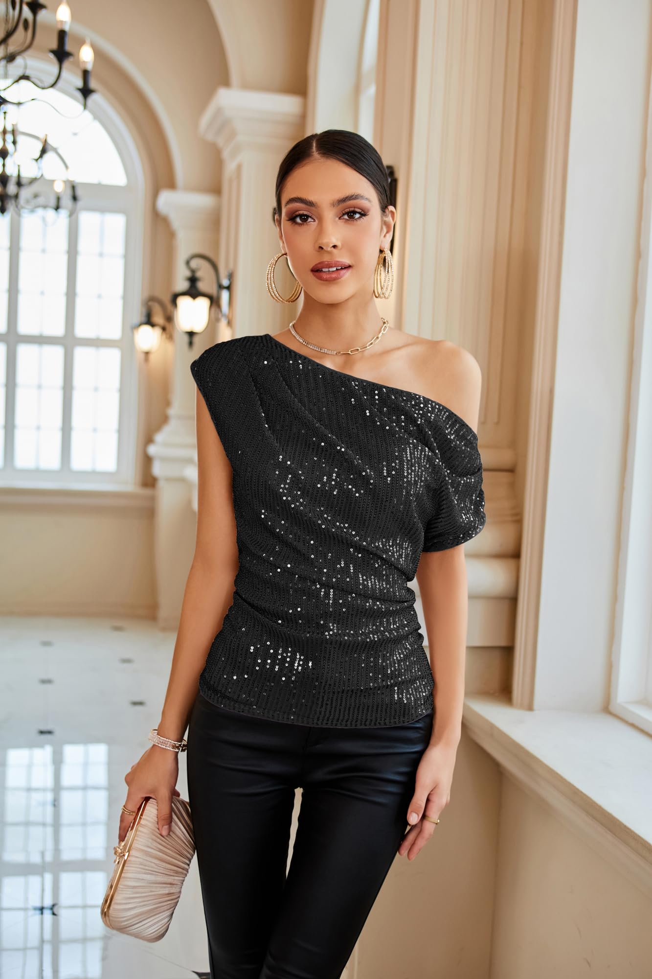 Ruched Cold Shoulder Sequin Party Tops for Women 2024 Dressy Asymmetrical Sleeve Sparkle Tops Girls Fancy Glitter Shimmer Going Out Tops Black XL - Bella Blue Styles