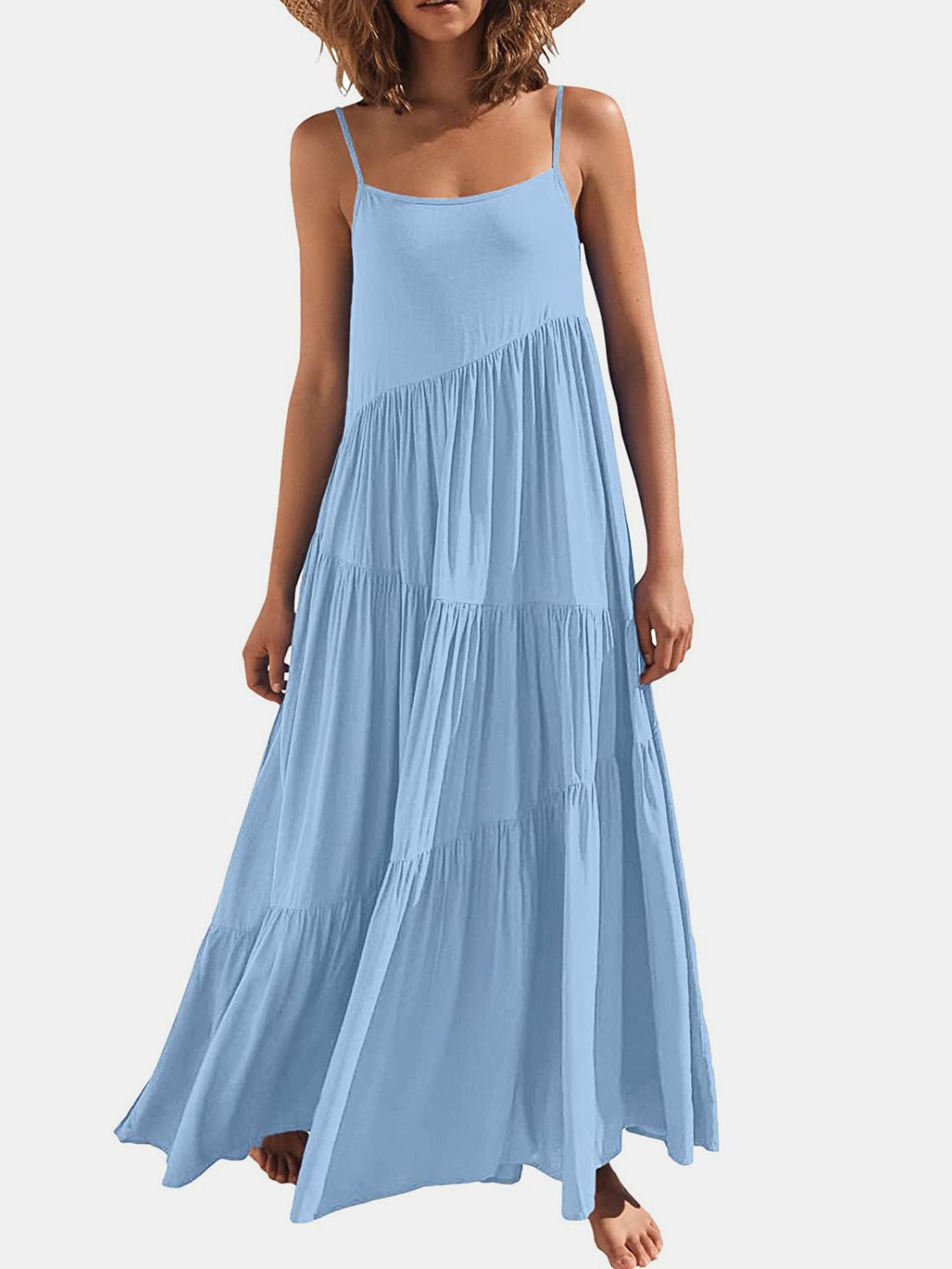 Ruched Tiered Spaghetti Strap Dress - Bella Blue Styles